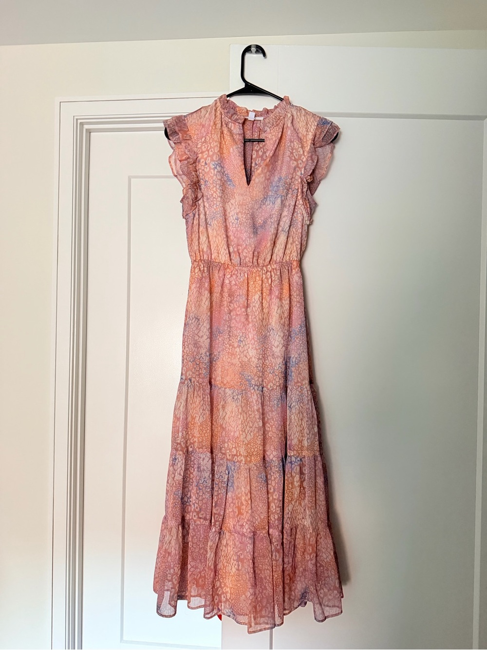 BB Dakota Flutter Sleeve Pink-Orange Tiered Maxi Dress